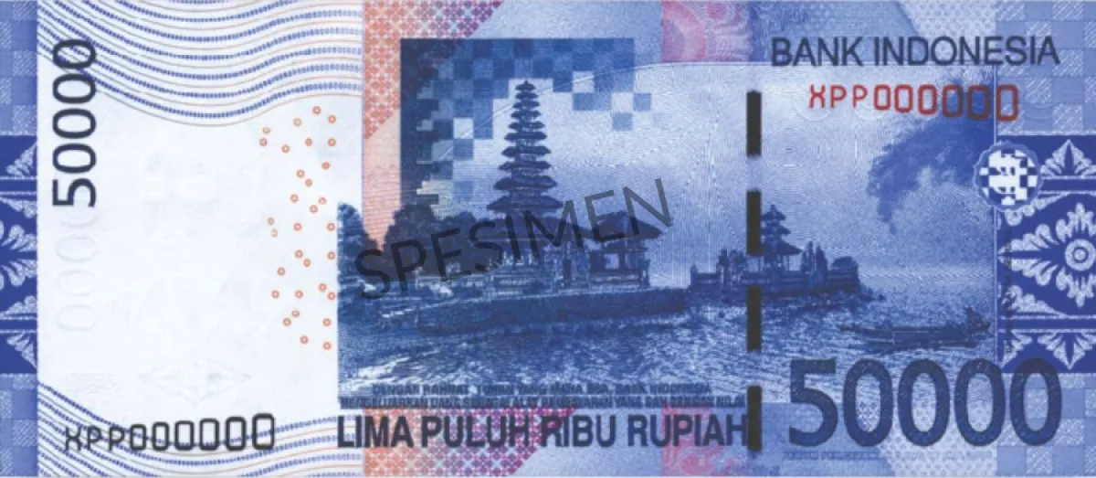 2005 series IDR 50,000 Indonesian banknotes that featured Pura Ulun Danu Beratan on its reverse side.