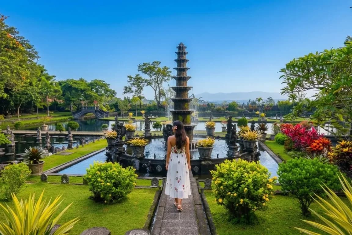a girl pose in front of Tirta Gangga water palace’s fountain