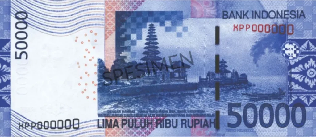  2005 series IDR 50,000 Indonesian banknotes that featured Pura Ulun Danu Beratan on its reverse side.