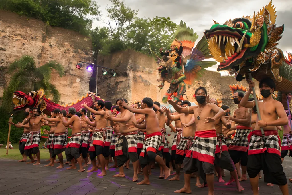 a fusion performance between kecak dance and ogoh-ogoh in garuda wisnu kencana cultural park